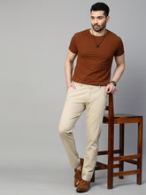 Genips Men's Cream Cotton Stretch Caribbean Slim Fit Solid Trousers